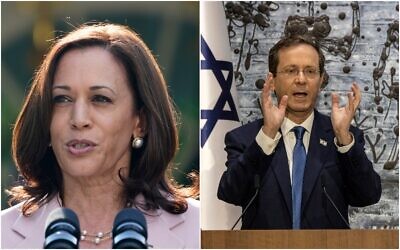 La vice-présidente américaine Kamala Harris et le président Isaac Herzog. (Crédit : Composite/ AP)