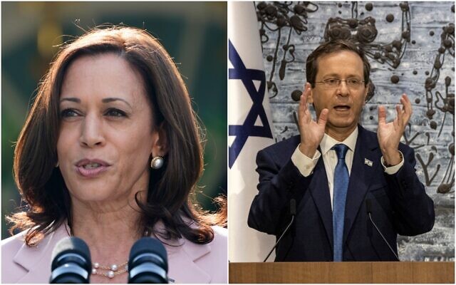La vice-présidente américaine Kamala Harris et le président Isaac Herzog. (Crédit : Composite/ AP)