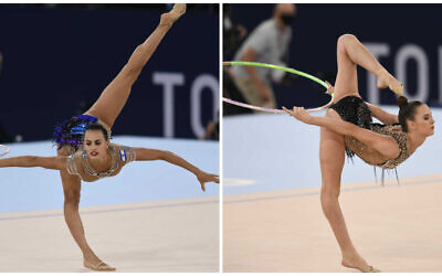 Linoy Ashramà gauche, et Nicol Zelikman, à droite, pendant l'épreuve de gymnastique rythmique aux Jeux olympiques de Tokyo 2020, le 6 août 2021. (Crédit : Comité olympique israélien) Linoy Ashramà gauche, et Nicol Zelikman, à droite, pendant l'épreuve de gymnastique rythmique aux Jeux olympiques de Tokyo 2020, le 6 août 2021. (Crédit : Comité olympique israélien)