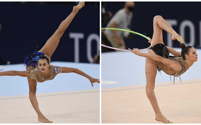 Linoy Ashramà gauche, et Nicol Zelikman, à droite, pendant l'épreuve de gymnastique rythmique aux Jeux olympiques de Tokyo 2020, le 6 août 2021. (Crédit : Comité olympique israélien) Linoy Ashramà gauche, et Nicol Zelikman, à droite, pendant l'épreuve de gymnastique rythmique aux Jeux olympiques de Tokyo 2020, le 6 août 2021. (Crédit : Comité olympique israélien)