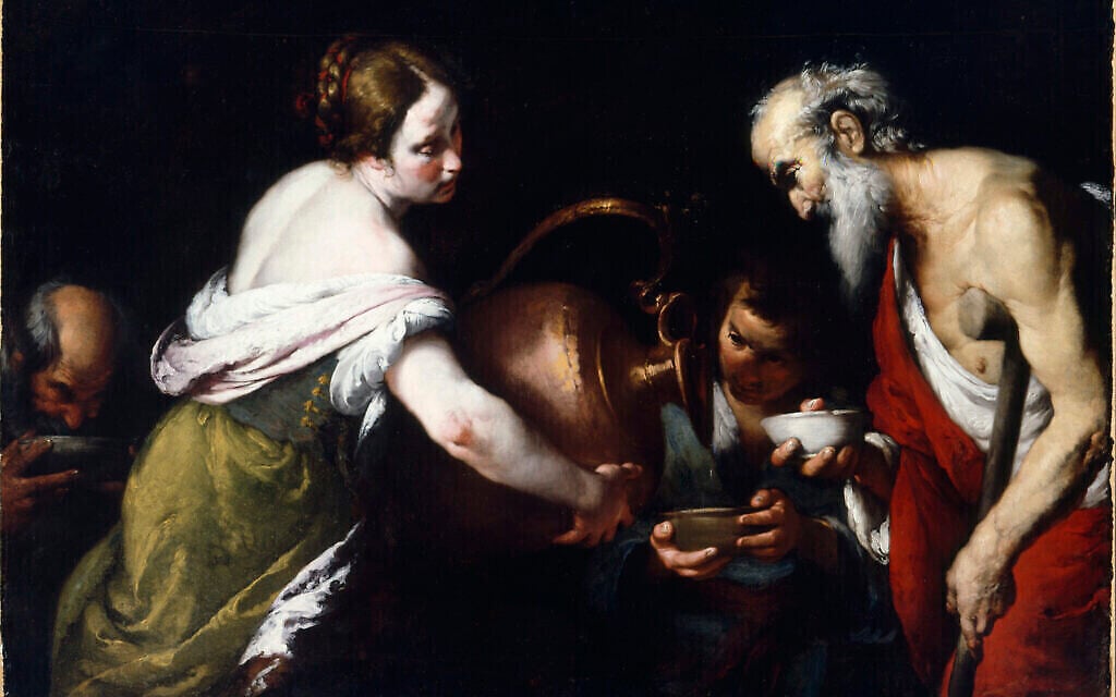Bernardo Strozzi, "Un acte de miséricorde : Donner à boire à l'assoiffé, peint dans les années 1620. (Crédit :  (John and Mable Ringling Museum of Art, the State Art Museum of Florida, Florida State University, Sarasota/ Jewish Museum NYC)