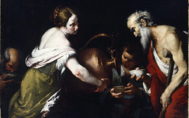 Bernardo Strozzi, "Un acte de miséricorde : Donner à boire à l'assoiffé, peint dans les années 1620. (Crédit :  (John and Mable Ringling Museum of Art, the State Art Museum of Florida, Florida State University, Sarasota/ Jewish Museum NYC)