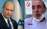 Le Premier ministre Naftali Bennett (à gauche) et Yossi Shmueli, le père du soldat blessé Barel Shmueli. (Crédits : Flash90/Capture d'écran)