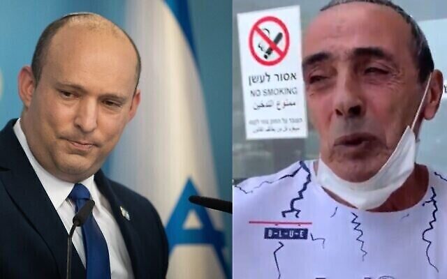 Le Premier ministre Naftali Bennett (à gauche) et Yossi Shmueli, le père du soldat blessé Barel Shmueli. (Crédits : Flash90/Capture d'écran) Le Premier ministre Naftali Bennett (à gauche) et Yossi Shmueli, le père du soldat blessé Barel Shmueli. (Crédits : Flash90/Capture d'écran)