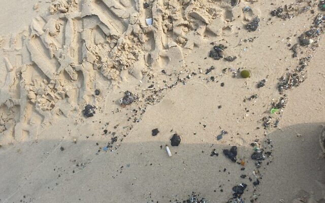 De nouveaux morceaux de goudron ont été rejetés sur la plage de Palmachim, dans le centre d'Israël, six mois après une fuite de pétrole en mer Méditerranée, le 26 août 2021. (Crédit : Shlomi Amran, Autorité israélienne de la nature et des parcs) De nouveaux morceaux de goudron ont été rejetés sur la plage de Palmachim, dans le centre d'Israël, six mois après une fuite de pétrole en mer Méditerranée, le 26 août 2021. (Crédit : Shlomi Amran, Autorité israélienne de la nature et des parcs)