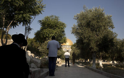 Des juifs religieux sur le mont du Temple dans la Vieille Ville de Jérusalem, le 2 août 2021. (Crédit : AP Photo/Maya Alleruzzo)