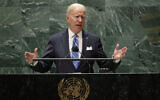 Le président américain Joe Biden lors de la 76e session de l'Assemblée générale des Nations unies au siège de l'ONU à New York, le 21 septembre 2021. (Crédit : Eduardo Munoz/Pool Photo via AP)