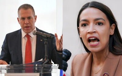 L'ambassadeur israélien à l'ONU Gilad Erdan, à gauche, et la législatrice démocrate du Congrès Alexandria Ocasio Cortez (Crédit : Shahar Azran; AP Photo/John Minchillo)