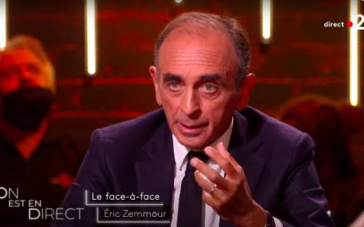 Eric Zemmour sur le plateau de l’émission « On est en direct » sur France 2, le 11 septembre 2021. (Crédit : Capture d’écran On est en direct / France 2)