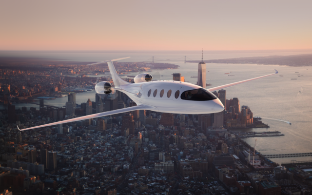 Une représentation de l'avion 100% électrique Alice en vol, au mois d'août 2021. (Crédit :  Eviation)
