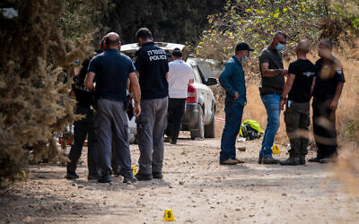 Des agents de la police médico-légale et des agents à l'endroit où trois hommes morts ont été découverts, une affaire de triple meurtre présumée, dans une forêt du nord d'Israël, le 1er novembre 2020. (Crédit :  Basel Awidat/Flash90)