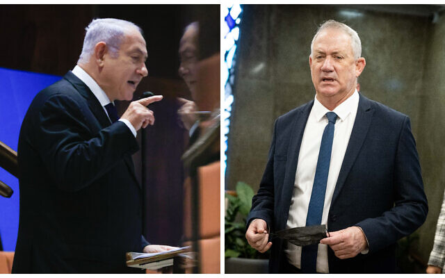 Le leader de l'opposition Benjamin Netanyahu, à gauche, et le ministre de la Défense Benny Gantz (Crédit : Olivier Fitoussi, Yonatan Sindel/Flash90) Le leader de l'opposition Benjamin Netanyahu, à gauche, et le ministre de la Défense Benny Gantz (Crédit : Olivier Fitoussi, Yonatan Sindel/Flash90)