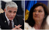 Le ministre israélien des Affaires étrangères  Yair Lapid, à gauche, et la ministre des Affaires étrangères de la Suède Ann Linde, à droite. Crédit : Alexander Nemenov/Pool via AP, AP/Darko Vojinovic))