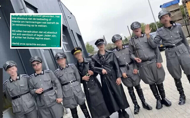 Des hommes portent des uniformes nazis lors d'une manifestation du COVID-19 dans la ville néerlandaise d'Urk, le 10 septembre 2021. ('Hart van Nederland' via JTA) Des hommes portent des uniformes nazis lors d'une manifestation du COVID-19 dans la ville néerlandaise d'Urk, le 10 septembre 2021. ('Hart van Nederland' via JTA)