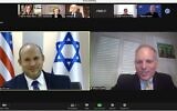 Le Premier ministre Naftali Bennett, à gauche, s'exprime via Zoom lors d'un appel avec les représentants de la CoP  (Conference of Presidents), le3 septembre 2021. (Capture d'écran)