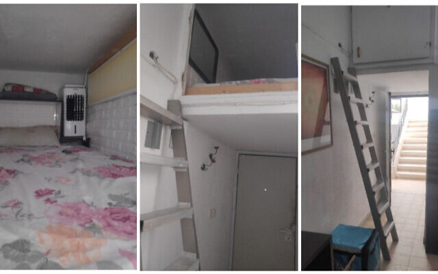 Un espace de stockage surélevé proposé à la location comme un endroit pour dormir, au lieu d'une chambre normale, dans une colocation de Tel Aviv. (Crédit : Facebook)
