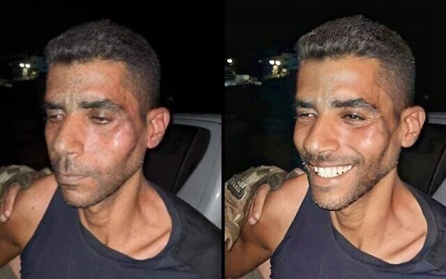 Zakaria Zubeidi après avoir été recapturé dans le nord d'Israël en date du 11 septembre, à gauche, et sur une photo retouchée où il sourit. (Autorisation) Zakaria Zubeidi après avoir été recapturé dans le nord d'Israël en date du 11 septembre, à gauche, et sur une photo retouchée où il sourit. (Autorisation)