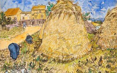 La peinture « Meules de blé » (1888) de Vincent van Gogh, qui sera proposée dans la vente dédiée « The Cox Collection : The Story of Impressionism », à New York, le 11 novembre 2021. L'aquarelle, volée par les nazis pendant la Seconde Guerre mondiale, est estimé à 20-30 millions de dollars. (Crédit : Christie's)