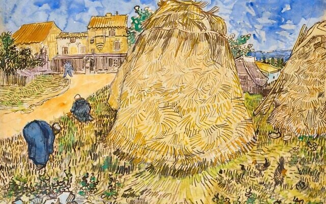 La peinture « Meules de blé » (1888) de Vincent van Gogh, qui sera proposée dans la vente dédiée « The Cox Collection : The Story of Impressionism », à New York, le 11 novembre 2021. L'aquarelle, volée par les nazis pendant la Seconde Guerre mondiale, est estimé à 20-30 millions de dollars. (Crédit : Christie's)