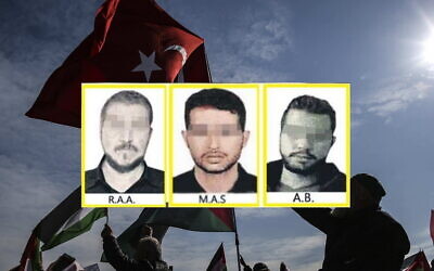 Des photos floues de trois des 15 agents présumés du Mossad sont publiées par le quotidien turc Sabah. (Capture d'écran : Sabah ; AP Photo/Emrah Gurel)