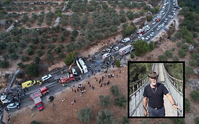 Le lieu d'un accident mortel entre un bus et deux véhicules sur la route 89 dans le nord de la Galilée, le 29 septembre 2021. Encart : Asher Basson. (Crédit : Eyal Merom / United Hazala, autorisation) Le lieu d'un accident mortel entre un bus et deux véhicules sur la route 89 dans le nord de la Galilée, le 29 septembre 2021. Encart : Asher Basson. (Crédit : Eyal Merom / United Hazala, autorisation)
