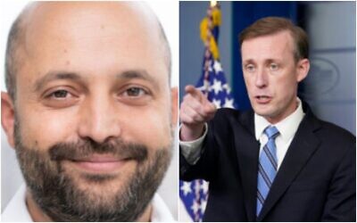 Le président du Conseil de Sécurité Nationale, Eyal Hulata (à gauche), et le conseiller à la Sécurité Nationale des États-Unis, Jake Sullivan. (Crédit : Composite/autorisation, AP)