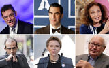 De gauche à droite, dans le sens des aiguilles d'une montre : Albert Bourla (AFP), Sacha Baron Cohen (AP), Diane von Furstenberg (AP), Serge Klarsfeld (AFP), Scarlett Johansson (AP) et Yuval Noah Harari (Autorisation)