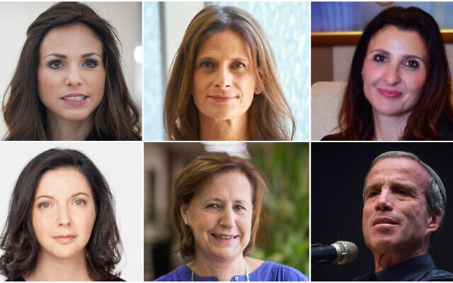 De haut en bas et de gauche à droite :  Omer Yankelevich (Crédit : FLash90), Michal Kotler-Wunsh (Crédit : Rami Zarenger), Fleur Hassan-Nahoum (Crédit : AFP); Irina Nevzlin (Autorisation), Yaffa Zilbershats (Crédit : Flash90), Elazar Stern (Crédit : Flash90)