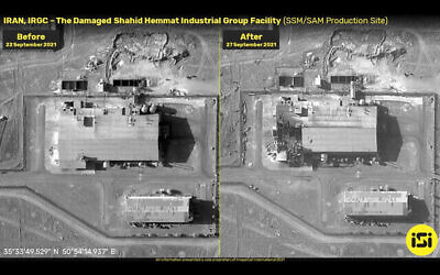 Photos avant et après l'explosion d'une base de missiles iranienne présumée, le 27 septembre 2021. (Crédit : ImageSat International)