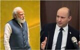 Le Premier ministre indien Narendra Modi (à gauche) et le Premier ministre Naftali Bennett. (Crédit : Composite/AP)