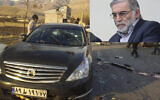 La scène où Mohsen Fakhrizadeh a été tué à Absard, une petite ville située juste à l'est de la capitale, à Téhéran, en Iran, le 27 novembre 2020. (Crédit : Agence de presse Fars via AP) ; Encart : Mohsen Fakhrizadeh sur une photo non datée. (Crédit : autorisation)