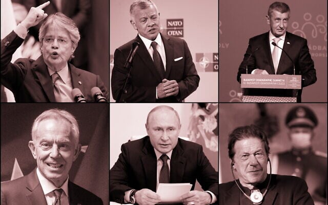 Dans le sens des aiguilles d'une montre, en partant du haut à gauche : Guillermo Lasso, président de l'Équateur, Abdullah II, roi de Jordanie, Andrej Babis, premier ministre de la République tchèque, Imran Khan, premier ministre du Pakistan, Vladimir Poutine, président de la Russie, Tony Blair, ancien premier ministre britannique. (Crédit : AP Photo, pool via AP)