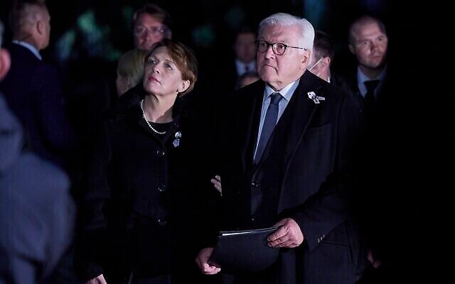 Germany's Federal President Frank-Walter Steinmeier attends commemorative events marking the 80th anniversary of the Babi Yar massacre of Kyiv Jews perpetrated by German occupying forces in 1941 in Kyiv, Ukraine, Wednesday, Oct. 6, 2021. (Ukrainian Presidential Press Office via AP)