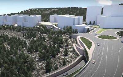 Rendu artistique du nouveau quartier de Reches Lavan et du système de transport à deux niveaux actuellement proposé. (Crédit : YouTube)