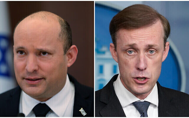Le Premier ministre Naftali Bennett (G) et le conseiller américain à la sécurité nationale Jake Sullivan (D) (Crédit : Photo AP) Le Premier ministre Naftali Bennett (G) et le conseiller américain à la sécurité nationale Jake Sullivan (D) (Crédit : Photo AP)