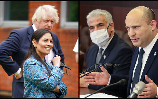 (G) Le Premier ministre britannique Boris Johnson, en arrière-plan, et la ministre de l'Intérieur Priti Patel à Guildford, en Angleterre, le 27 juillet 2021. (D) Le ministre des Affaires étrangères Yair Lapid et le Premier ministre Naftali Bennett lors d'une réunion du cabinet à Jérusalem, le 3 novembre 2021. (Yui Mok/Pool via AP ; Marc Israel Sellem/Pool via Flash90)