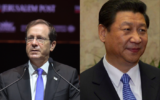 Le président israélien Isaac Herzog en octobre 2021, et le président chinois Xi Jinping en mai 2013. (Crédits : Avi Ohayon, GPO / Flash90 / Kobi Gideon, GPO)
