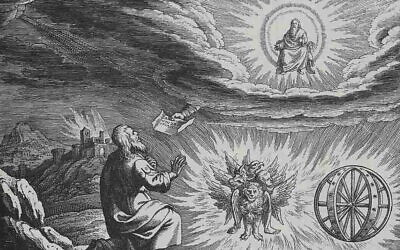Gravure de la "vision du char" du livre biblique d'Ézéchiel, chapitre 1, réalisée par Matthaeus Merian (1593-1650) pour son "Icones Biblicae". (Domaine public)