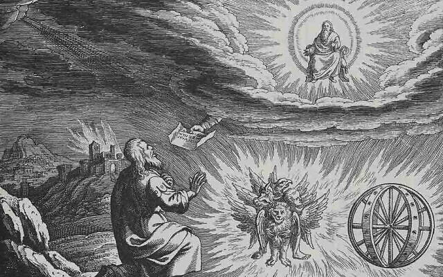 Gravure de la "vision du char" du livre biblique d'Ézéchiel, chapitre 1, réalisée par Matthaeus Merian (1593-1650) pour son "Icones Biblicae". (Domaine public)