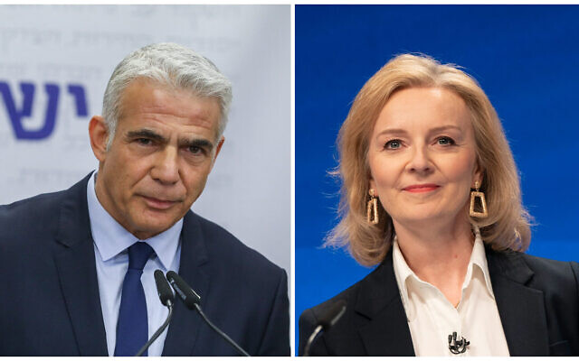 Le ministre des Affaires étrangères Yair Lapid, le 22 novembre 2021, et la ministre britannique des Affaires étrangères Liz Truss, le 3 octobre 2021. (Crédit: Noam Revkin Fenton/Flash90 ; crédit: Jon Super /AP Photo) Le ministre des Affaires étrangères Yair Lapid, le 22 novembre 2021, et la ministre britannique des Affaires étrangères Liz Truss, le 3 octobre 2021. (Crédit: Noam Revkin Fenton/Flash90 ; crédit: Jon Super /AP Photo)