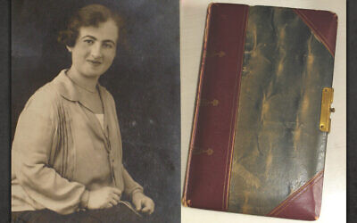 La grand-mère de l'auteur, Jenny Katz, en 1927, l'année précédant son mariage avec Siegfried Bachenheimer. À droite, le livre d'autographes qu'elle partageait avec ses amis et sa famille à l'âge de 14 ans en 1916. (Crédit : autorisation de Steve North/ via JTA)