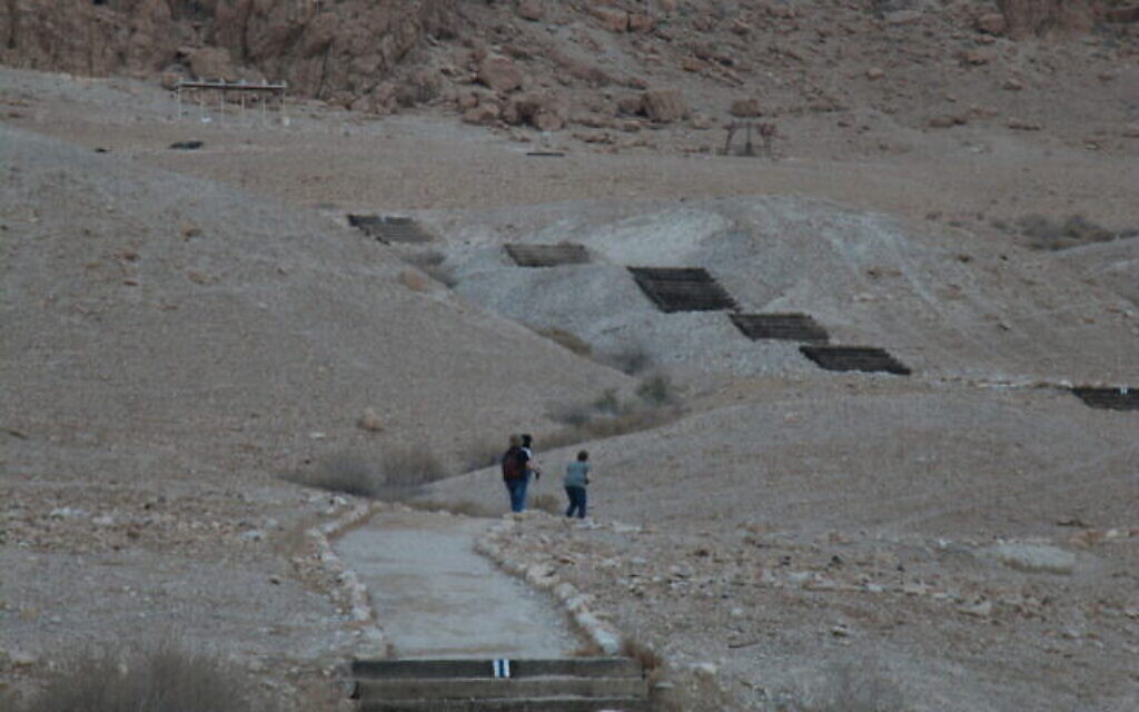 Promenade sur le sentier des manuscrits dans le parc national de Qumran avant le lever du soleil. (Crédit : Shmuel Bar-Am)