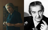 A gauche, Helen Mirren dans le rôle de Golda Meir dans le film "Golda" de HBO. À droite, Golda Meir, alors Première ministre, à l'ambassade d'Israël à Rome, le 15 janvier 1973. (Crédit : Jasper Wolf ; AP Photo/Giuseppe Anastasi)