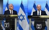 Le Premier ministre Naftali Bennett (à droite) et le ministre des Affaires étrangères Yair Lapid lors d'une conférence de presse à Jérusalem, le 6 novembre 2021. (Crédit : Haim Zach/GPO)