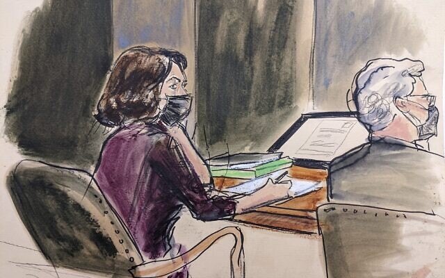Dans ce croquis de salle d'audience, Ghislaine Maxwell, à gauche, est assise à la table de la défense avec l'avocat de la défense Jeffrey Pagliuca tout en écoutant le témoignage dans son procès pour abus sexuel, le 16 décembre 2021, à New York. (Crédit : Elizabeth Williams via AP) Dans ce croquis de salle d'audience, Ghislaine Maxwell, à gauche, est assise à la table de la défense avec l'avocat de la défense Jeffrey Pagliuca tout en écoutant le témoignage dans son procès pour abus sexuel, le 16 décembre 2021, à New York. (Crédit : Elizabeth Williams via AP)