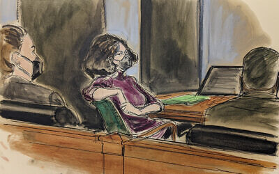 Dans ce croquis de salle d'audience, Ghislaine Maxwell, au centre, est assise dans la salle d'audience pendant une discussion sur une note du jury, lors de son procès pour trafic sexuel, le 29 décembre 2021, à New York. (Crédit : AP Photo/Elizabeth Williams)