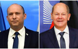 (G) Le Premier ministre Naftali Bennett (Haim Zach/GPO) et (D) le chancelier allemand Olaf Scholz (Credit: Johanna Geron/Pool Photo via AP)