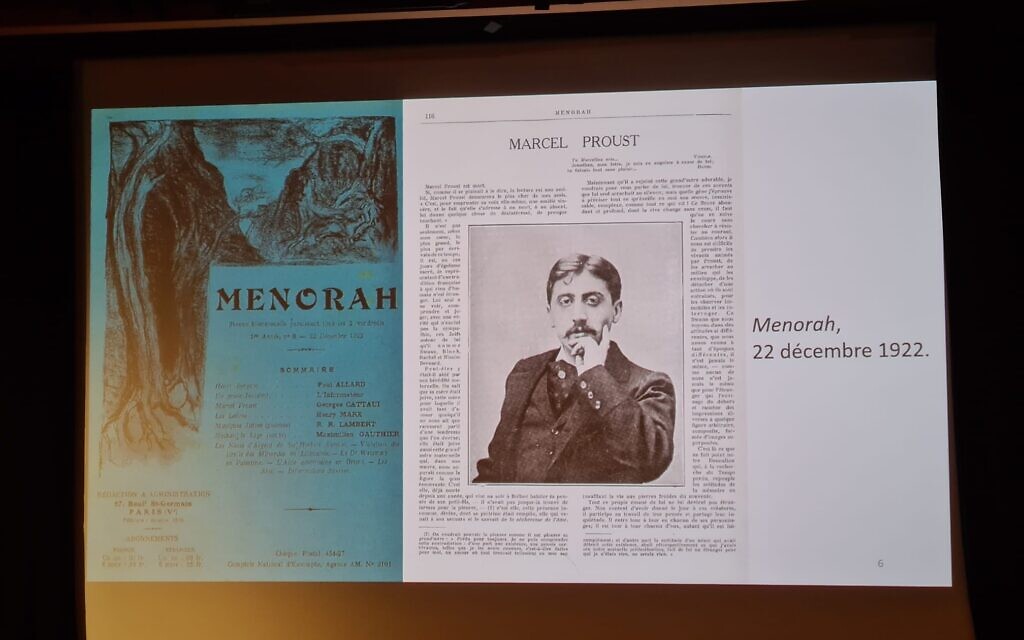 « Les racines juives de Marcel Proust » expliquées par Antoine Compagnon lors de la soirée d’ouverture. (Crédit : Audrey Alcabes/Poussières d’étoiles) « Les racines juives de Marcel Proust » expliquées par Antoine Compagnon lors de la soirée d’ouverture. (Crédit : Audrey Alcabes/Poussières d’étoiles)