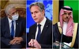 Le ministre des Affaires étrangères Yair Lapid ; le secrétaire d'État américain Antony Blinken ; le ministre saoudien des Affaires étrangères Prince Faisal Bin Farhan. (AP/Montage)