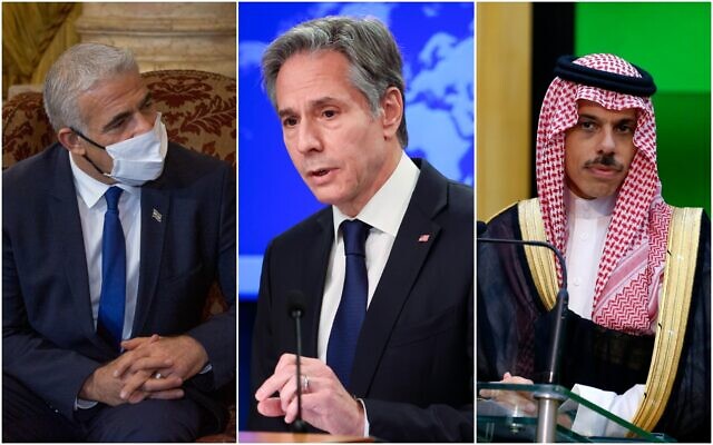 Le ministre des Affaires étrangères Yair Lapid ; le secrétaire d'État américain Antony Blinken ; le ministre saoudien des Affaires étrangères Prince Faisal Bin Farhan. (AP/Montage) Le ministre des Affaires étrangères Yair Lapid ; le secrétaire d'État américain Antony Blinken ; le ministre saoudien des Affaires étrangères Prince Faisal Bin Farhan. (AP/Montage)